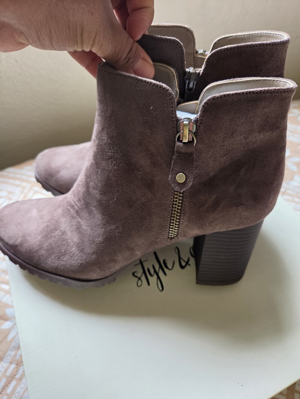 Style & Co. Mauve Suede Ankle Booties with Stacked Heel